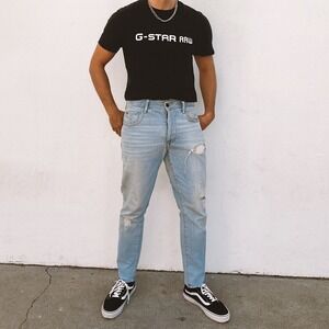 G Star Raw 3301 Slim Jeans Mens 34x32 Light Wash Distressed Button‎ Fly Rips